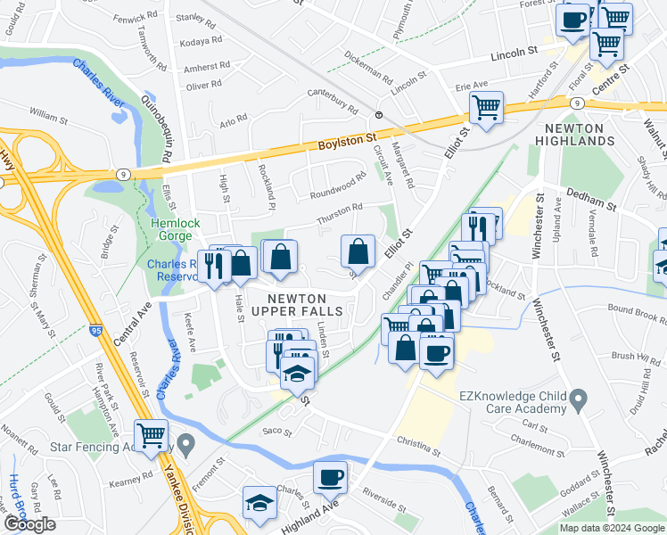 map of restaurants, bars, coffee shops, grocery stores, and more near 23 Champa Street in Newton