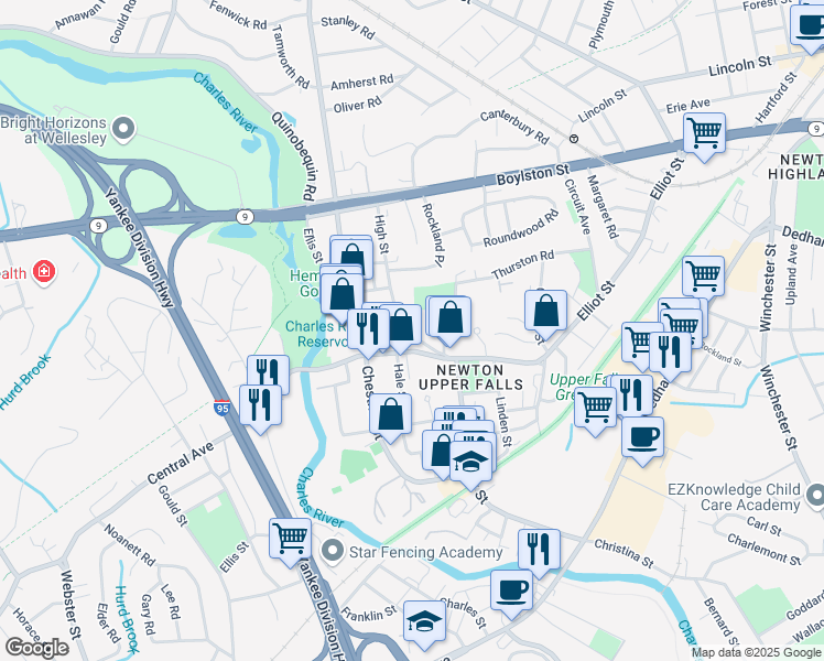 map of restaurants, bars, coffee shops, grocery stores, and more near 35 High Street in Newton