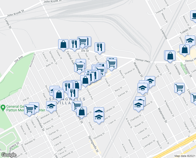 map of restaurants, bars, coffee shops, grocery stores, and more near 7400 W Vernor Hwy in Detroit