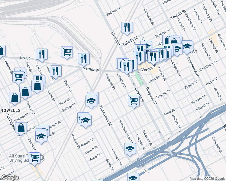 map of restaurants, bars, coffee shops, grocery stores, and more near 1769 Casgrain Street in Detroit