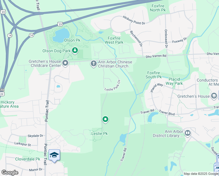 map of restaurants, bars, coffee shops, grocery stores, and more near 2893 Leslie Park Circle in Ann Arbor