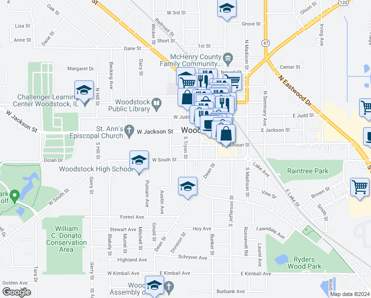 map of restaurants, bars, coffee shops, grocery stores, and more near 208 South Tryon Street in Woodstock