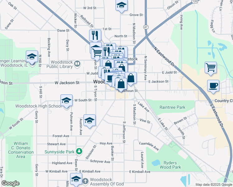 map of restaurants, bars, coffee shops, grocery stores, and more near 205 Dean Street in Woodstock