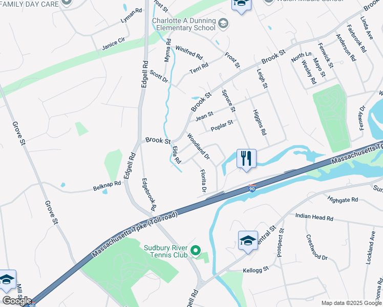 map of restaurants, bars, coffee shops, grocery stores, and more near 72 Elda Road in Framingham