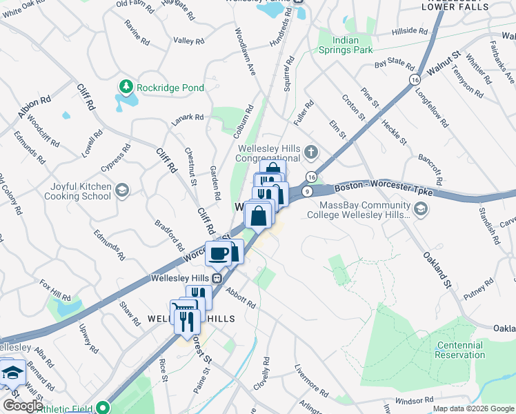 map of restaurants, bars, coffee shops, grocery stores, and more near in Wellesley