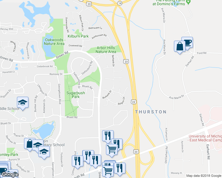 map of restaurants, bars, coffee shops, grocery stores, and more near 3387 Burbank Drive in Ann Arbor
