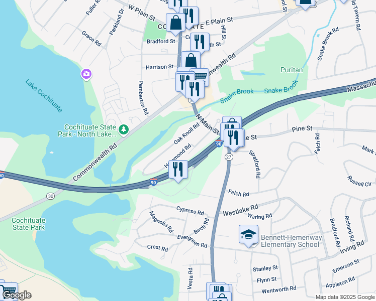 map of restaurants, bars, coffee shops, grocery stores, and more near 20 Hammond Road in Natick