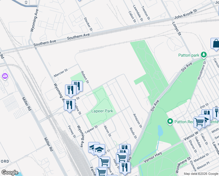 map of restaurants, bars, coffee shops, grocery stores, and more near 3316 Roulo Street in Dearborn