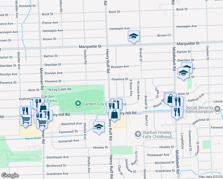map of restaurants, bars, coffee shops, grocery stores, and more near 482 Henry Ruff Road in Garden City