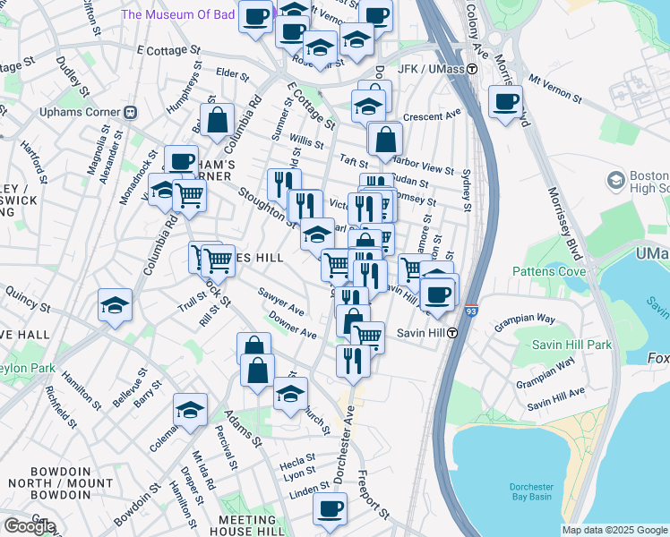 map of restaurants, bars, coffee shops, grocery stores, and more near 75 Pleasant Street in Boston