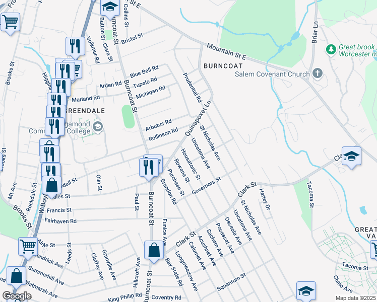 map of restaurants, bars, coffee shops, grocery stores, and more near 34 Uncatena Avenue in Worcester