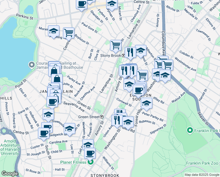 map of restaurants, bars, coffee shops, grocery stores, and more near 2 Lamartine Place in Boston