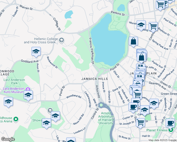 map of restaurants, bars, coffee shops, grocery stores, and more near 19 Pond Circle in Boston
