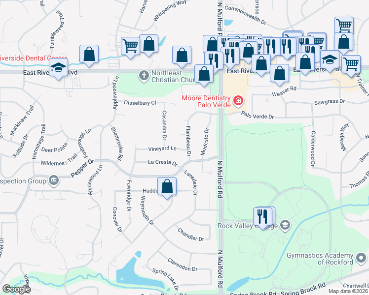map of restaurants, bars, coffee shops, grocery stores, and more near 5834 Vineyard Lane in Rockford