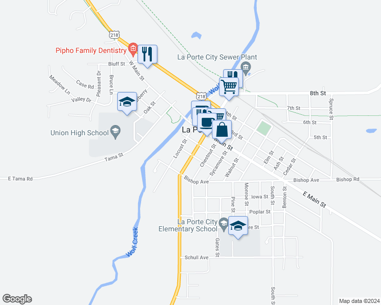 map of restaurants, bars, coffee shops, grocery stores, and more near 507 U.S. 218 in La Porte City