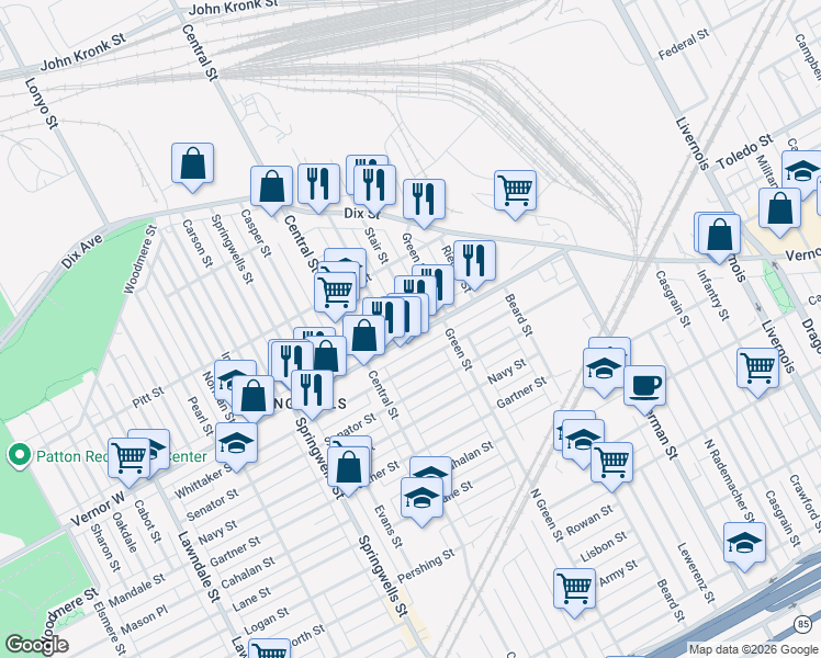 map of restaurants, bars, coffee shops, grocery stores, and more near 7424 Vernor Highway in Detroit