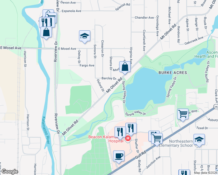 map of restaurants, bars, coffee shops, grocery stores, and more near 2235 Mount Olivet Road in Kalamazoo