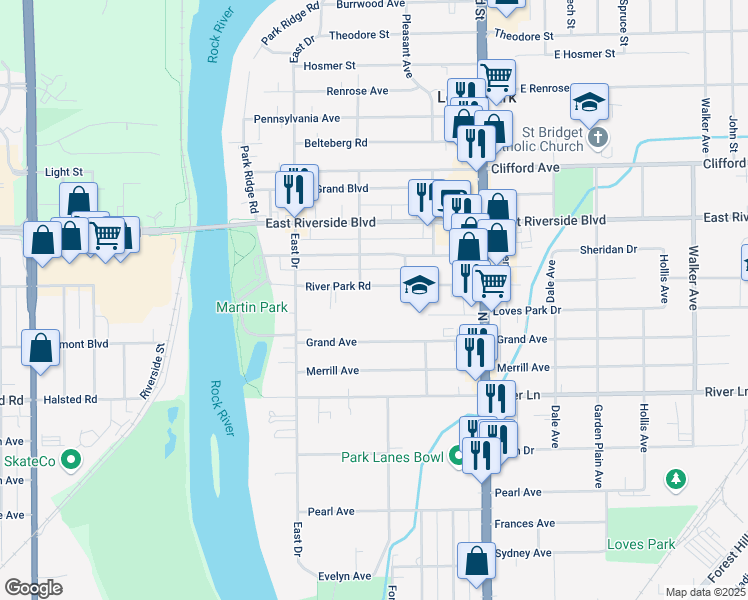 map of restaurants, bars, coffee shops, grocery stores, and more near 311 River Park Road in Loves Park