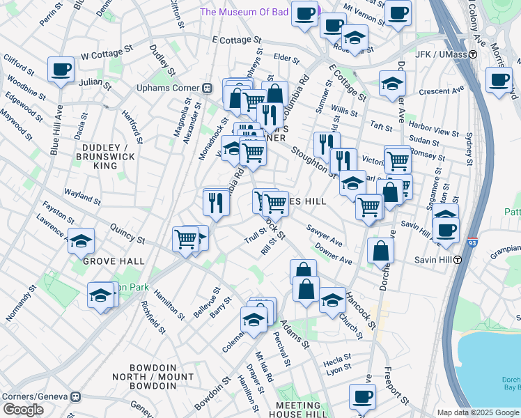 map of restaurants, bars, coffee shops, grocery stores, and more near 61 Hancock Street in Boston