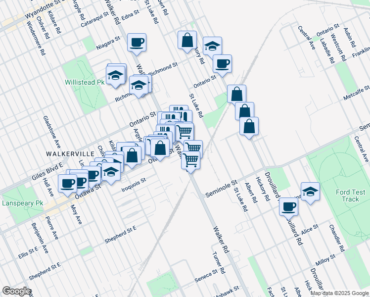 map of restaurants, bars, coffee shops, grocery stores, and more near 1320 Walker Road in Windsor