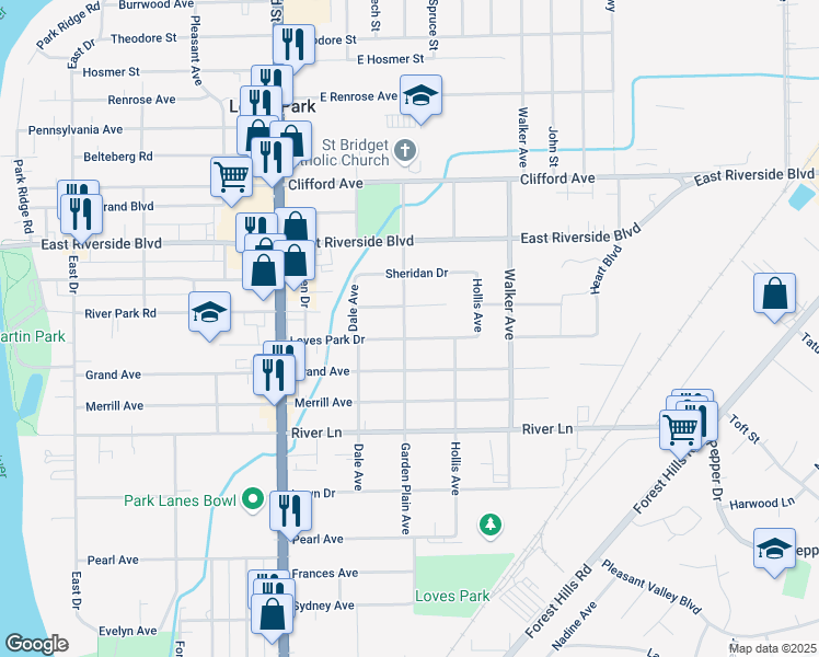 map of restaurants, bars, coffee shops, grocery stores, and more near 620 Loves Park Drive in Loves Park