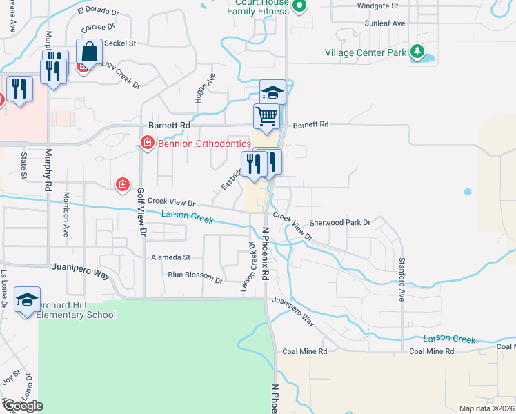 map of restaurants, bars, coffee shops, grocery stores, and more near 990 North Phoenix Road in Medford