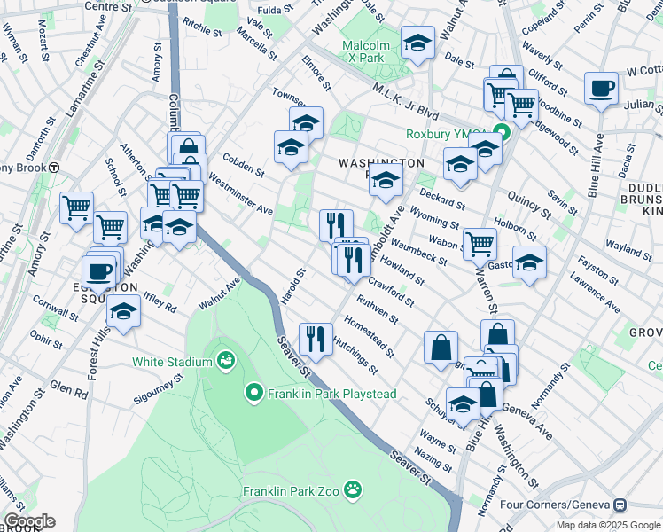map of restaurants, bars, coffee shops, grocery stores, and more near 102 Crawford Street in Boston