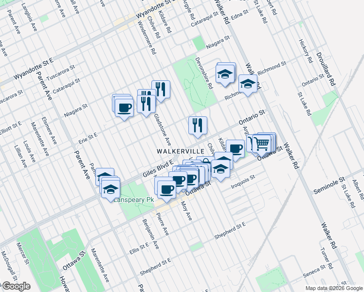 map of restaurants, bars, coffee shops, grocery stores, and more near in Windsor