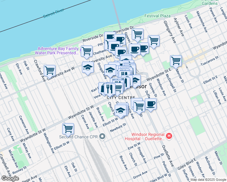 map of restaurants, bars, coffee shops, grocery stores, and more near 562 Dougall Avenue in Windsor