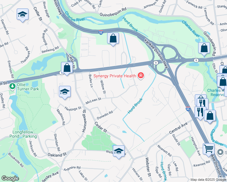 map of restaurants, bars, coffee shops, grocery stores, and more near 1 Burnett Lane in Wellesley
