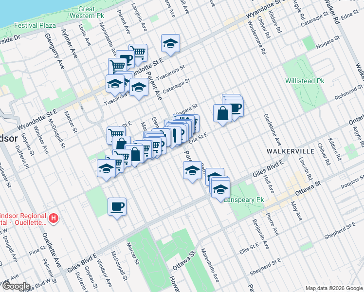 map of restaurants, bars, coffee shops, grocery stores, and more near Erie Street East in Windsor