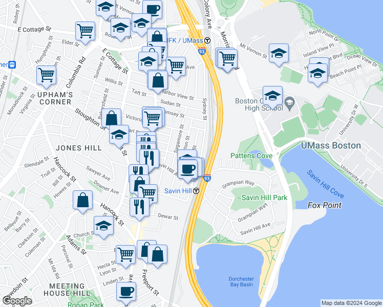 map of restaurants, bars, coffee shops, grocery stores, and more near 47 Tuttle Street in Boston