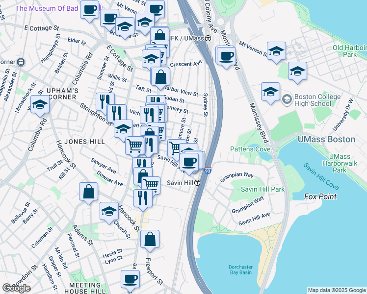 map of restaurants, bars, coffee shops, grocery stores, and more near 17 Sagamore Street in Boston