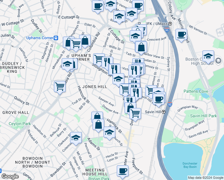 map of restaurants, bars, coffee shops, grocery stores, and more near 21 Peverell Street in Boston