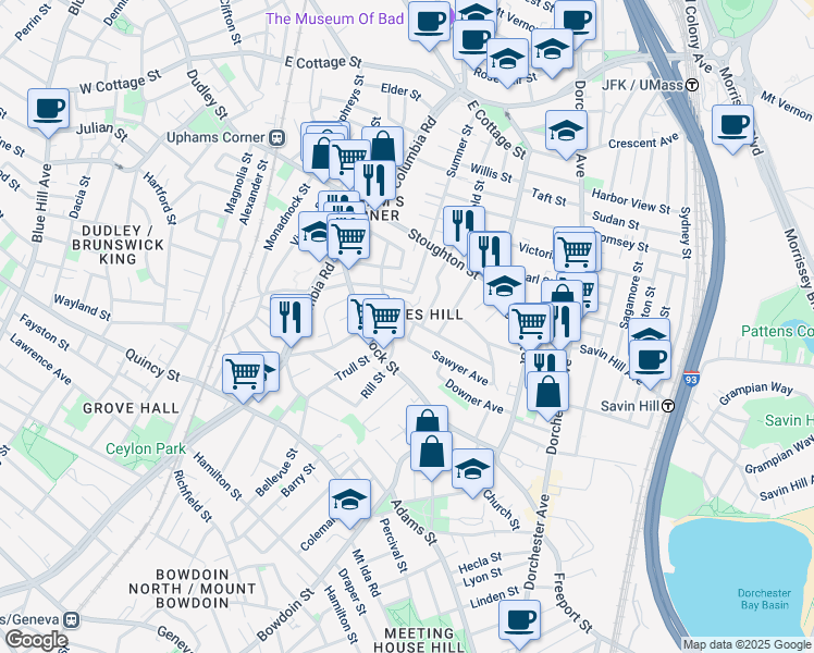 map of restaurants, bars, coffee shops, grocery stores, and more near 17 Rowell Street in Boston