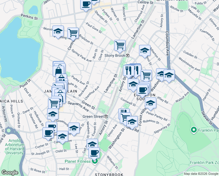 map of restaurants, bars, coffee shops, grocery stores, and more near 281 Lamartine Street in Boston