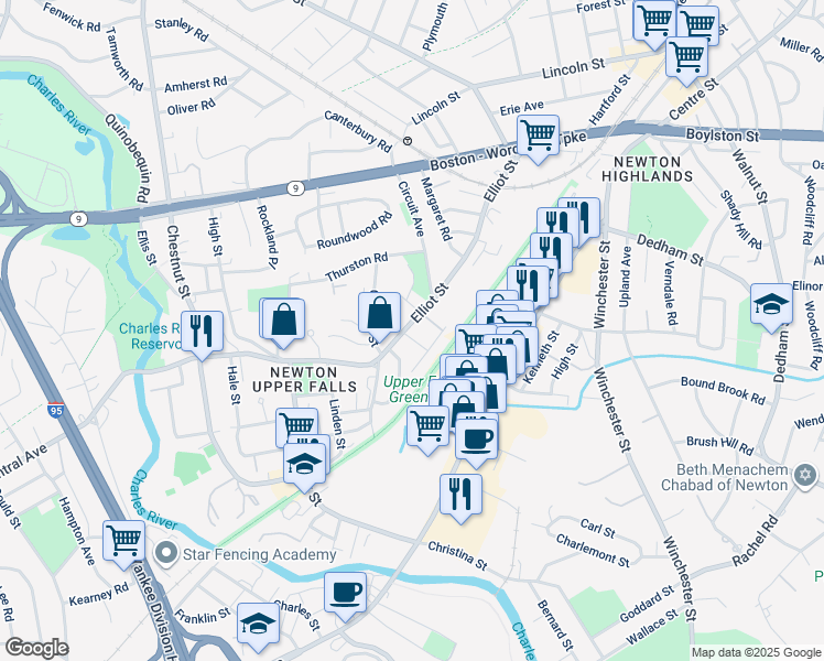 map of restaurants, bars, coffee shops, grocery stores, and more near 9 Elliot Terrace in Newton