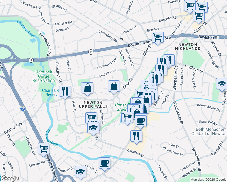 map of restaurants, bars, coffee shops, grocery stores, and more near 9 Elliot Terrace in Newton