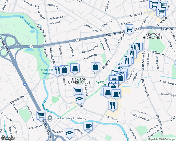 map of restaurants, bars, coffee shops, grocery stores, and more near 15 Champa Street in Newton