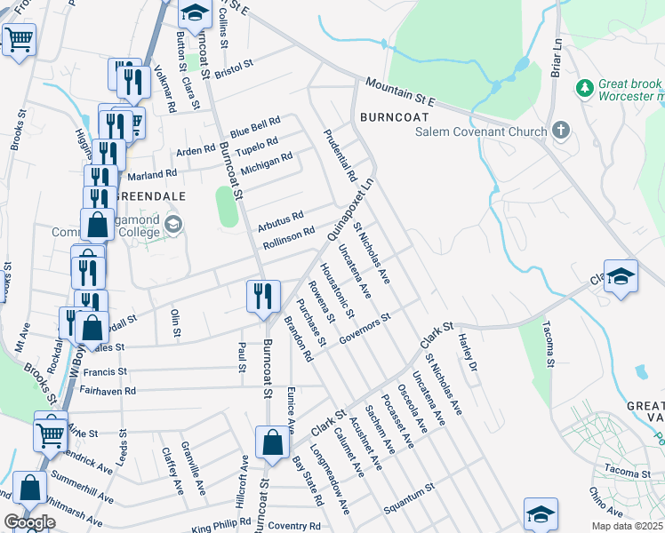 map of restaurants, bars, coffee shops, grocery stores, and more near 34 Uncatena Avenue in Worcester