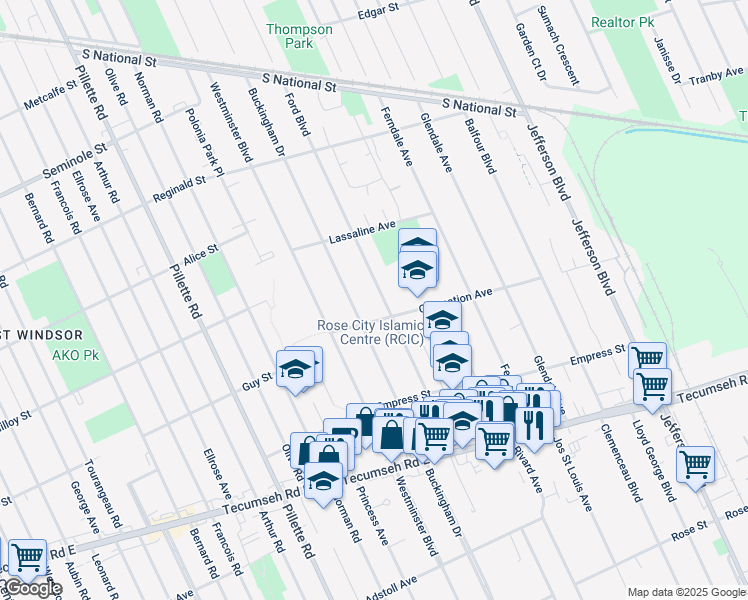 map of restaurants, bars, coffee shops, grocery stores, and more near 1872 Ford Boulevard in Windsor