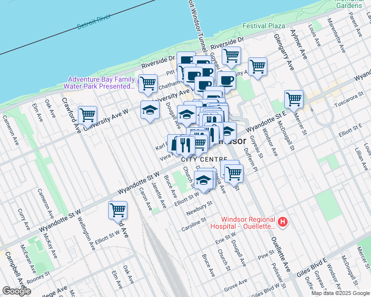 map of restaurants, bars, coffee shops, grocery stores, and more near 562 Dougall Avenue in Windsor
