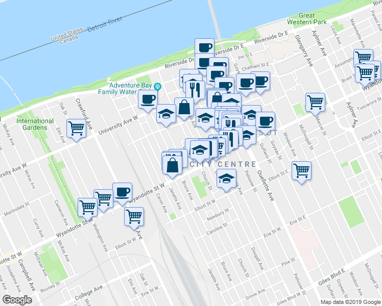 map of restaurants, bars, coffee shops, grocery stores, and more near 539 Church Street in Windsor