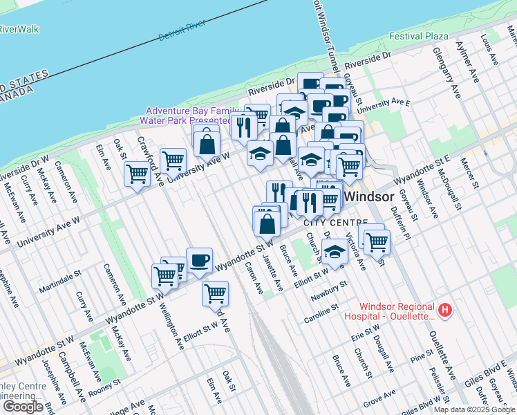 map of restaurants, bars, coffee shops, grocery stores, and more near in Windsor