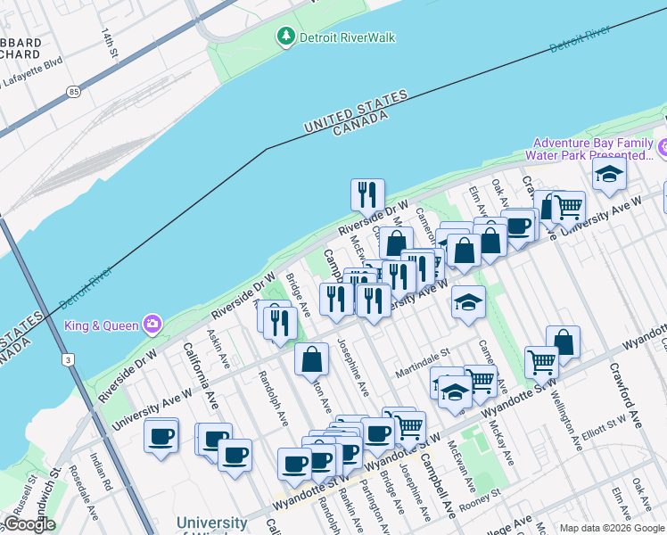 map of restaurants, bars, coffee shops, grocery stores, and more near 182 Campbell Avenue in Windsor