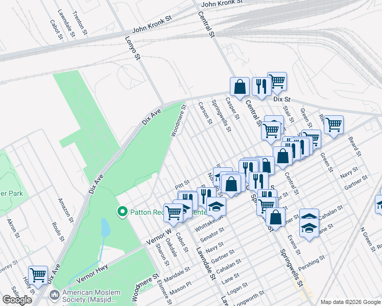 map of restaurants, bars, coffee shops, grocery stores, and more near 2581 Norman Street in Detroit