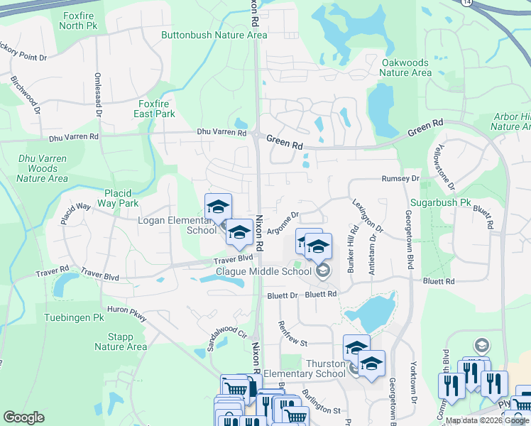 map of restaurants, bars, coffee shops, grocery stores, and more near 2 Westbury Court in Ann Arbor