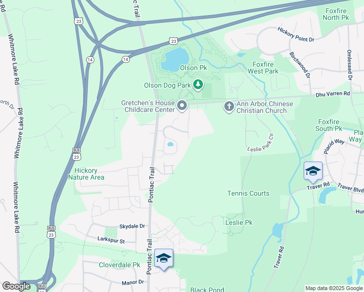 map of restaurants, bars, coffee shops, grocery stores, and more near 2704 South Knightsbridge Circle in Ann Arbor