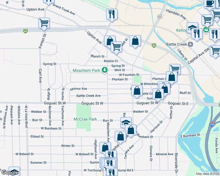 map of restaurants, bars, coffee shops, grocery stores, and more near 138 Meachem Avenue in Battle Creek