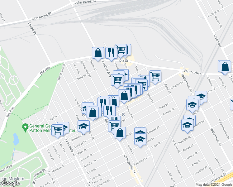 map of restaurants, bars, coffee shops, grocery stores, and more near 2411 Central Avenue in Detroit